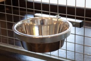 porta ciotola per cani con fermo antiribaltamento, fissata su rete elettrosaldata