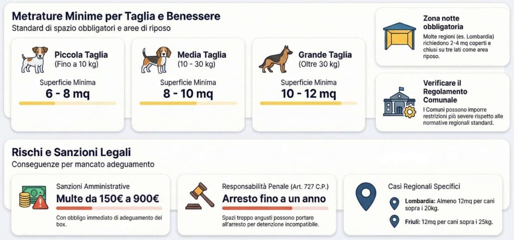 infografica sulle metrature minime dei box per cani in base alla taglia, rischi e sanzioni